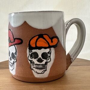 PorchDogPots Handcrafted Skull with fun hats Design Mug - Brown and White